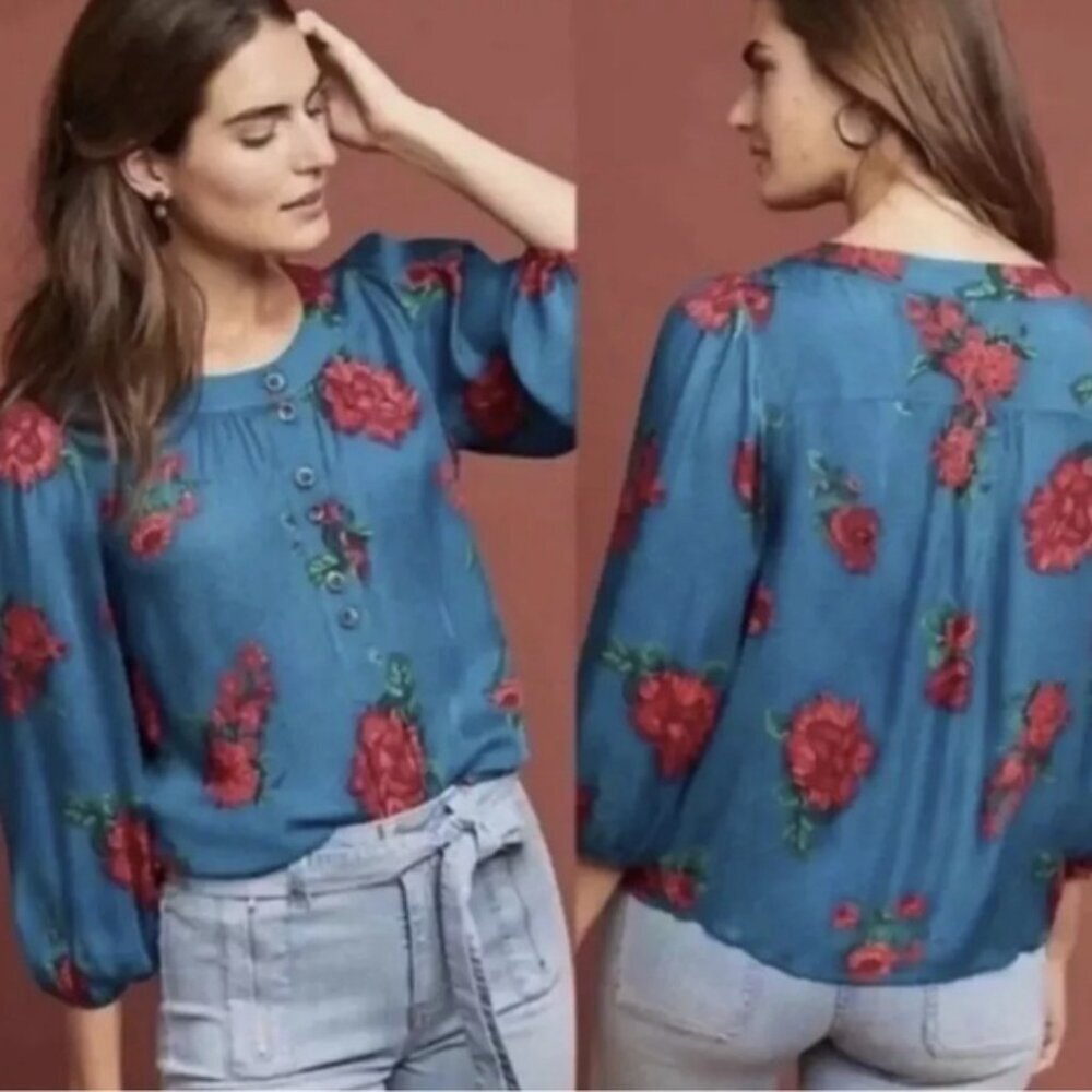 Maeve Anthropologie Kalas Henley Top Oversize Blue Floral 1/2 Button Up Size XS